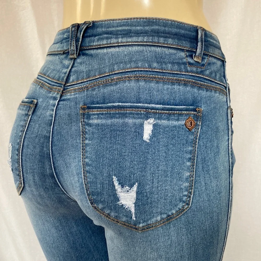 DEMOCRACY DISTRESSED Jeans Size 6 High Waist Flare With Rivet Slit Hem Blue NWOT
